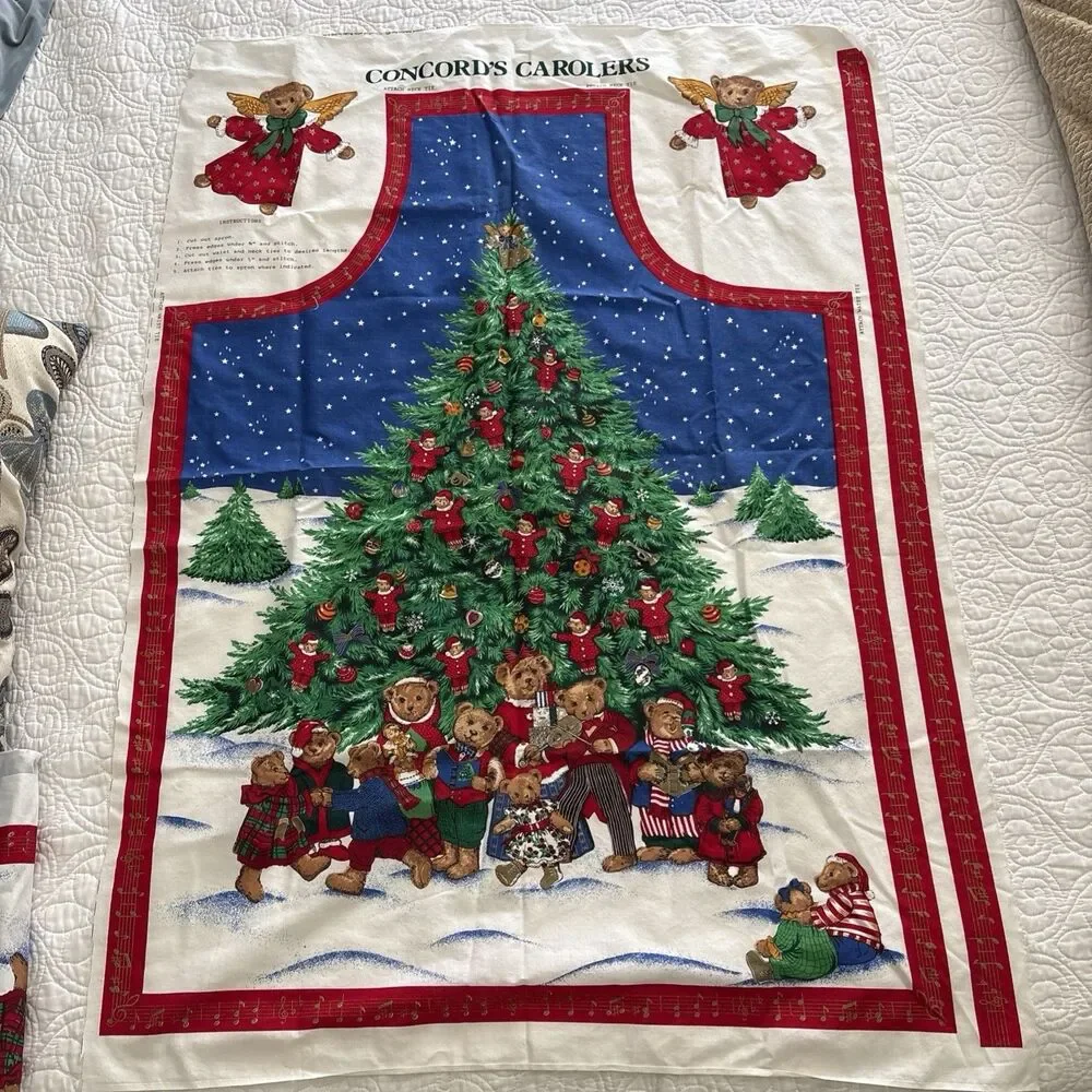 Vintage Christmas apron fabric Concord's Carolers Teddy Bears Cut and Sew